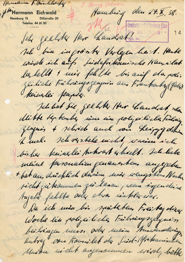 Schreiben von Hermann Fleischhacker in Hamburg an den Landrat in Frankenberg. Bitte um Zusendung eines polizeilichen Führungszeugnisses, 24. Oktober 1938
