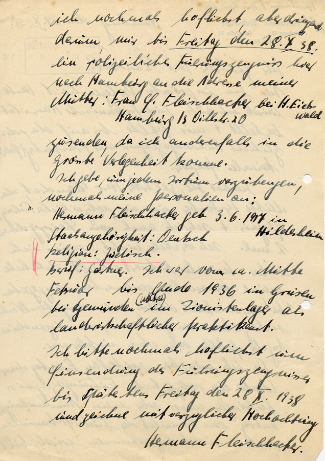 Schreiben von Hermann Fleischhacker in Hamburg an den Landrat in Frankenberg. Bitte um Zusendung eines polizeilichen Führungszeugnisses, 24. Oktober 1938
