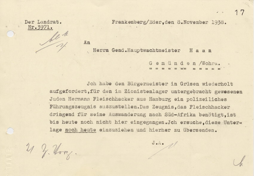 Schreiben des Landrats in Frankenberg an den Gendarmeriehauptwachtmeister Haan in Gemünden. Bitte um sofortige Zusendung des polizeilichen Führungszeugnisses für Hermann Fleischhacker, 8. November 1938.