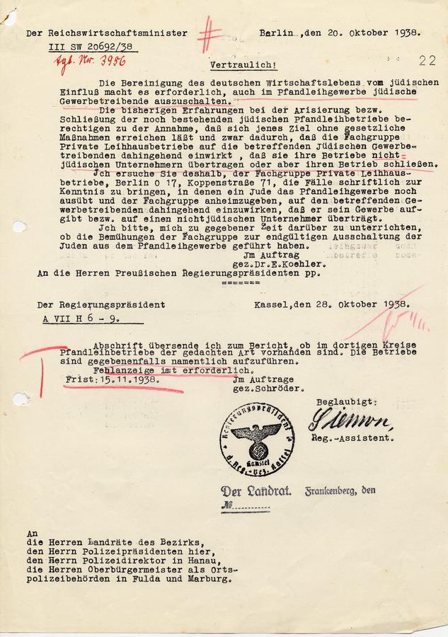 Vertrauliches Schreiben des Reichswirtschaftsministers in Berlin an die Regierungspräsidenten. Jüdische Pfandleiher sollen ihre Betriebe aufgeben, 20. Oktober 1938