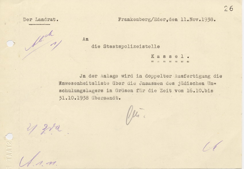 Schreiben des Landrats in Frankenberg an die Staatspolizeistelle in Kassel. Anwesenheitslisten des "jüdischen Umschulungslager" Kibbuz  Hagschamah vom 16.10 bis 31.10.1938, 11. November 1938.
