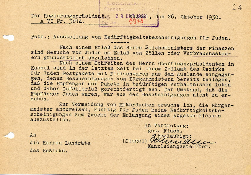 Schreiben des Regierungspräsidenten in Kassel an die Landräte. Juden sollen keine Steuervergünstigungen mehr bekommen, 26. Oktober 1938