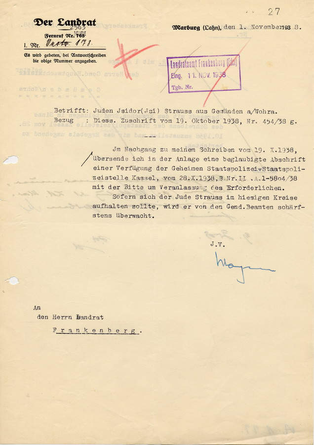 Schreiben des Landrats in Marburg an den Landrat in Frankenberg. Isidor Strauss aus Gemünden soll bei Erscheinen überwacht werden, 1. November 1938.