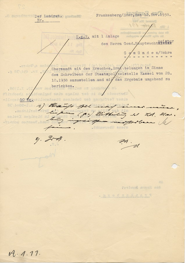 Schreiben des Landrats in Marburg an den Landrat in Frankenberg. Isidor Strauss aus Gemünden soll bei Erscheinen überwacht werden, 1. November 1938.