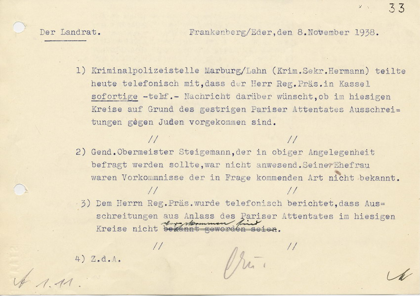Protokoll des Landrats in Frankenberg. Der Regierungspräsident in Kassel möchte über mögliche Ausschreitungen nach dem Attentat in Paris informiert werden, 8. November 1938