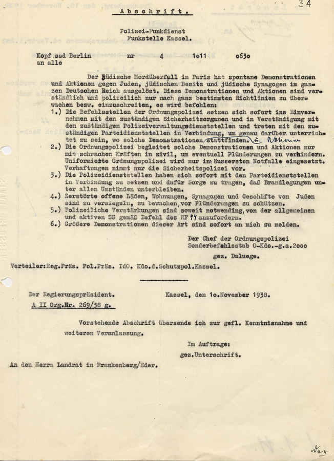 Abschrift eines Schreibens der Gestapo Kassel an die Regierungspräsidenten. Maßnahmenkatalog bezüglich der Ausschreitungen, 10.November 1938