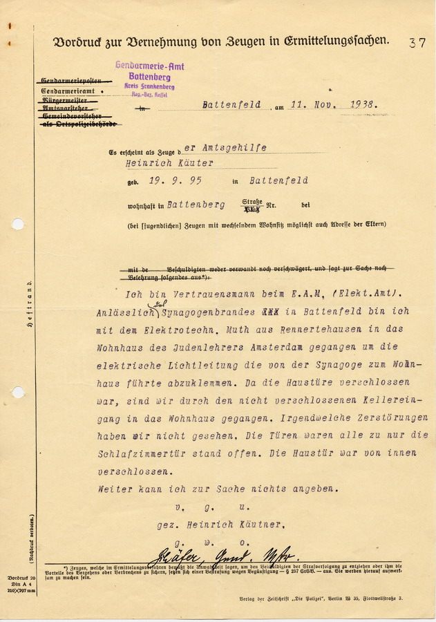 Vernehmung des Amtsgehilfen Heinrich Kräuter vom Gendarmerie-Amt in Battenberg. Kräuter wird zu den Ausschreitungen befragt, 11. November 1938