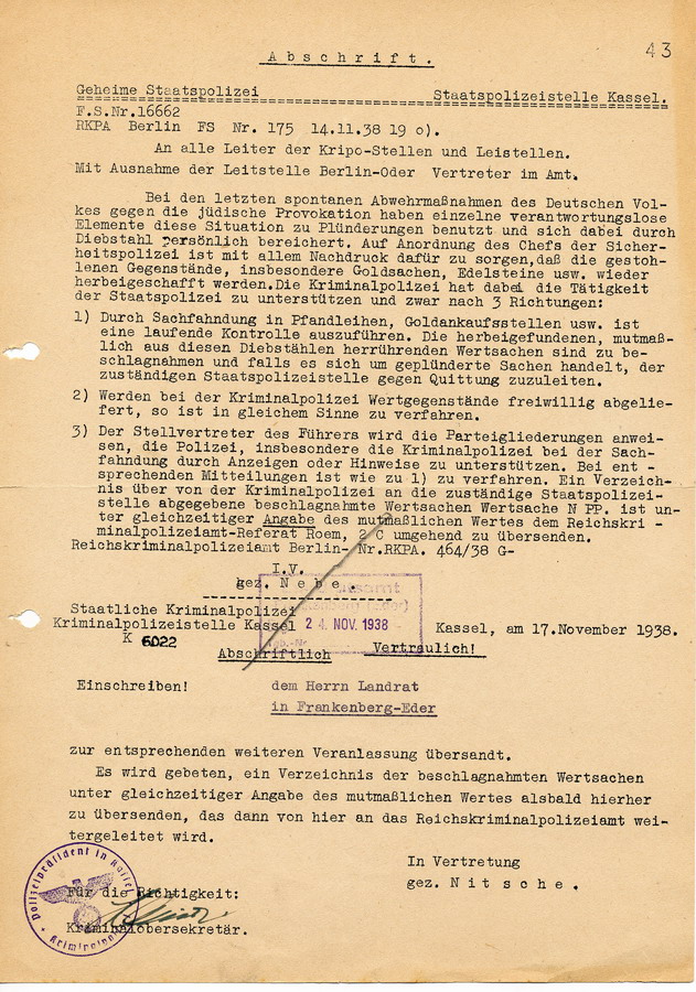 Schreiben der Gestapo, Staatspolizeistelle Kassel an alle Leiter der Kripo-Stellen. Rückführung bei den Ausschreitungen entwendeter Wertsachen, 14. November 1938.