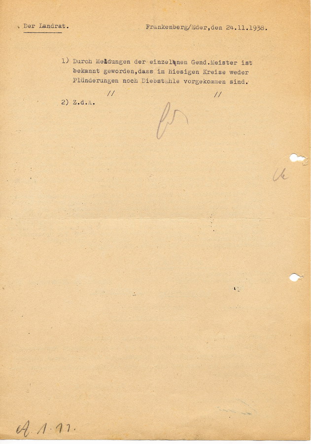 Schreiben der Gestapo, Staatspolizeistelle Kassel an alle Leiter der Kripo-Stellen. Rückführung bei den Ausschreitungen entwendeter Wertsachen, 14. November 1938.