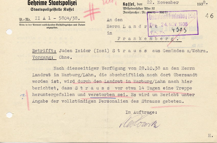 Schreiben der Gestapo Kassel an den Landrat in Frankenberg. Isidor Strauss aus Gemünden ist verstorben, 22. November 1938