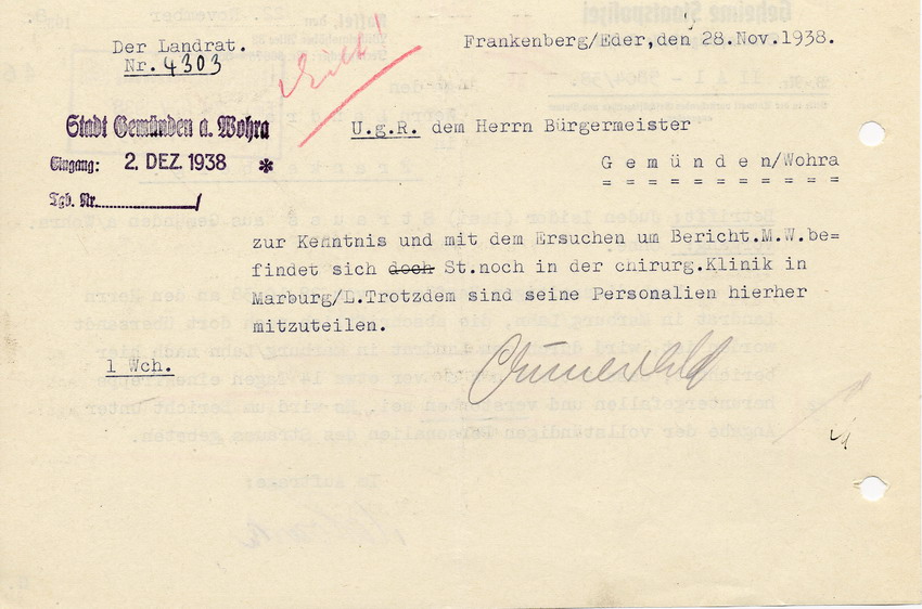 Schreiben der Gestapo Kassel an den Landrat in Frankenberg. Isidor Strauss aus Gemünden ist verstorben, 22. November 1938