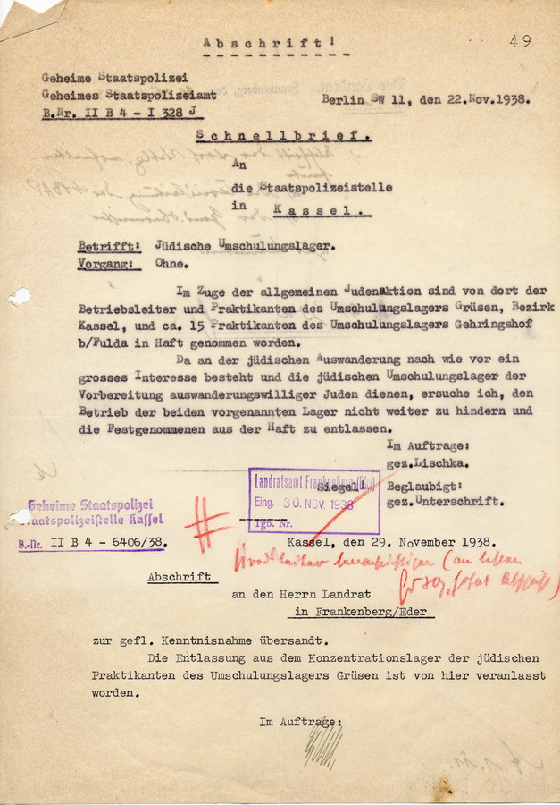 Schnellbrief der Gestapo Kassel an die Staatspolizeistelle in Kassel. "Jüdische Umschulungslager" wie in Grüsen oder Gehringshof sollen nicht behindert werden, 22. November 1938