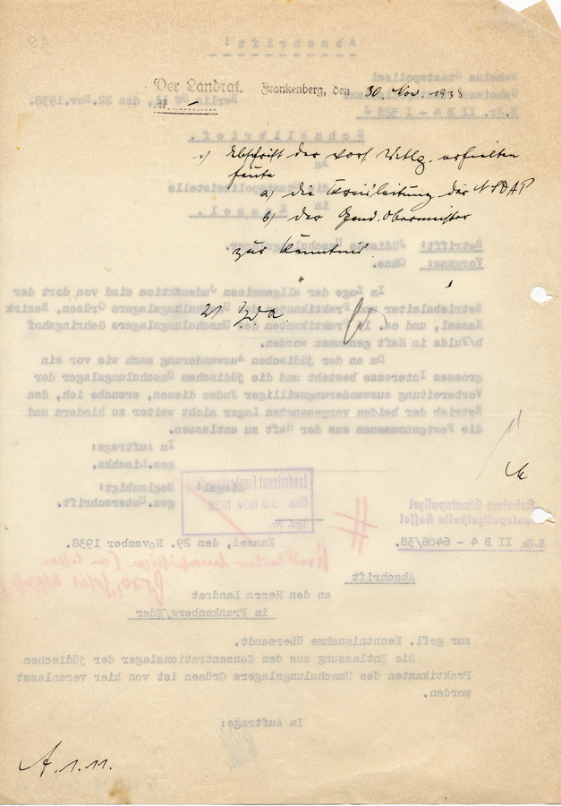Schnellbrief der Gestapo Kassel an die Staatspolizeistelle in Kassel. "Jüdische Umschulungslager" wie in Grüsen oder Gehringshof sollen nicht behindert werden, 22. November 1938