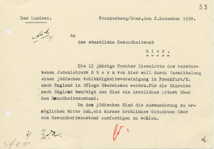 Schreiben des Landrats in Frankenberg an das staatliche Gesundheitsamt in Frankenberg. Lieselotte Stern soll zur Pflege nach England geschickt werden, 2. Dezember 1938