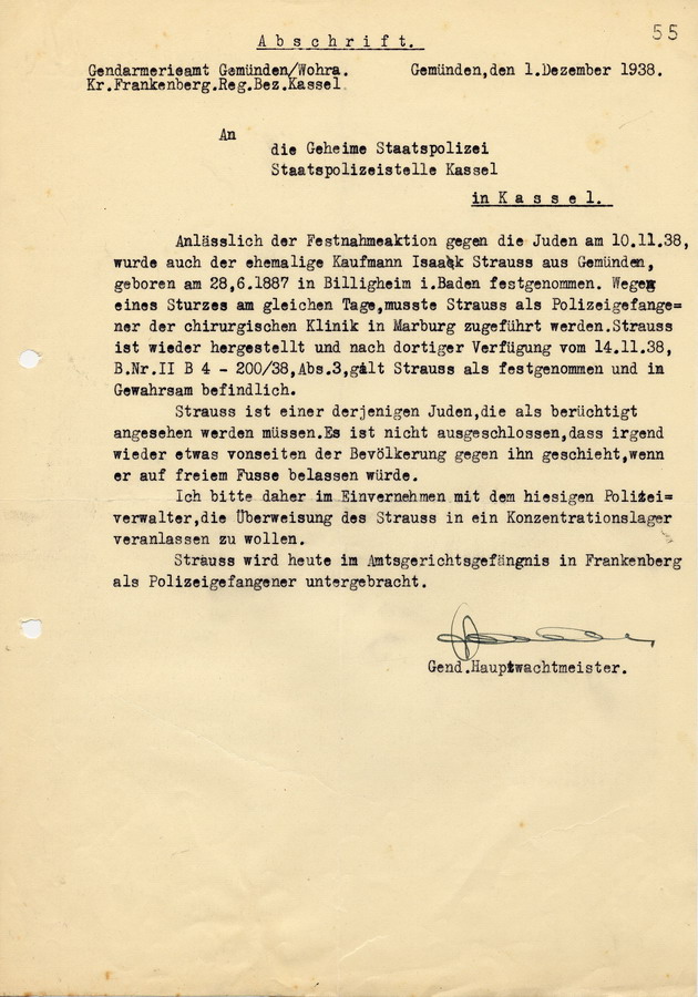 Abschrift einer Nachricht des Gendarmerieamts in Gemünden an die Gestapo Kassel. Isaak Strauss wurde am 10.11. festgenommen und soll in ein KZ überwiesen werden, 1. Dezember 1938