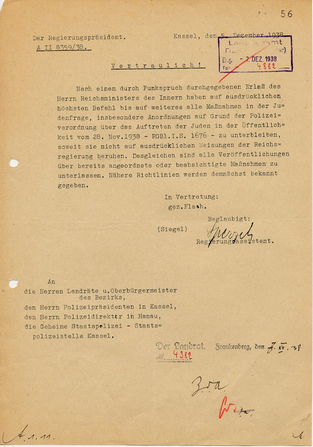 Schreiben des Regierungspräsidenten in Kassel an Landräte, Bürgermeister und Polizei. Maßnahmen gegen Juden sollen eingestellt werden, 5. Dezember 1938