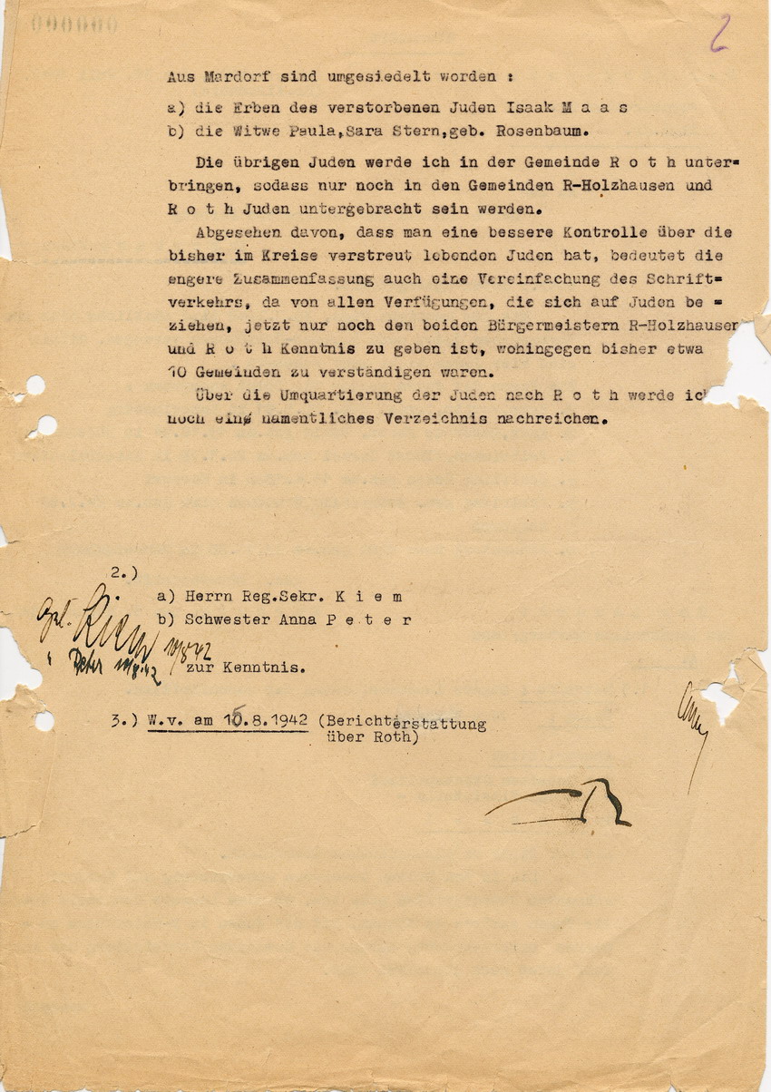 Schreiben des Landrats des Landkreises Marburg an die Staatspolizeistelle Kassel betreffend zwangsweise Umsiedlung jüdischer Familien aus Schweinsberg und Mardorf, 3. August 1942.