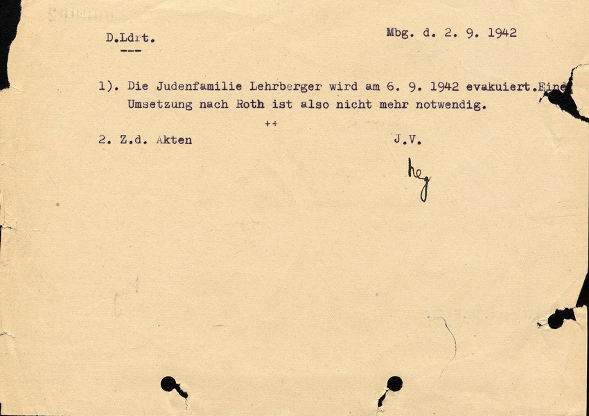 Aktennotiz des Landrats in Marburg betreffend Deportation der jüdischen Familie Lehrberger, 2. September 1942.