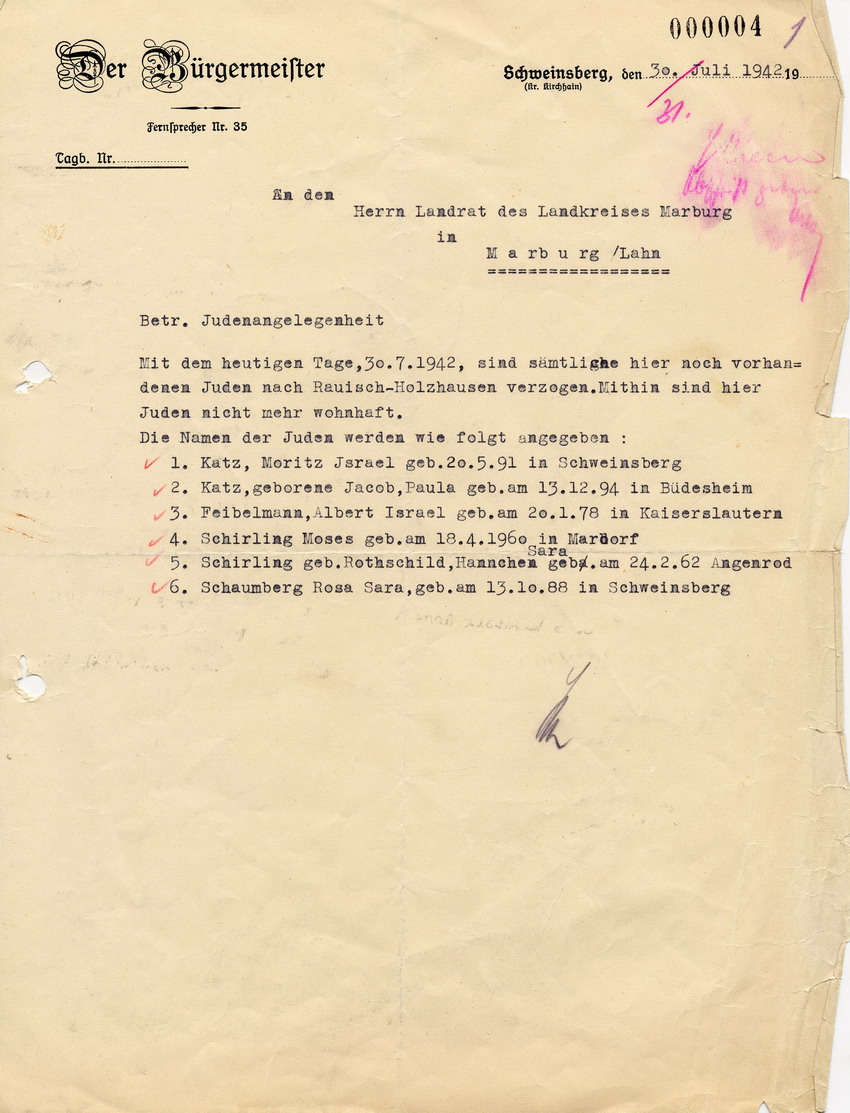 Schreiben des Schweinsberger Bürgermeisters an den Landrat des Landkreises Marburg betreffend zwangsweise Umsiedlung der Schweinsberger Juden nach Rauischholzhausen, 30. Juli 1942.