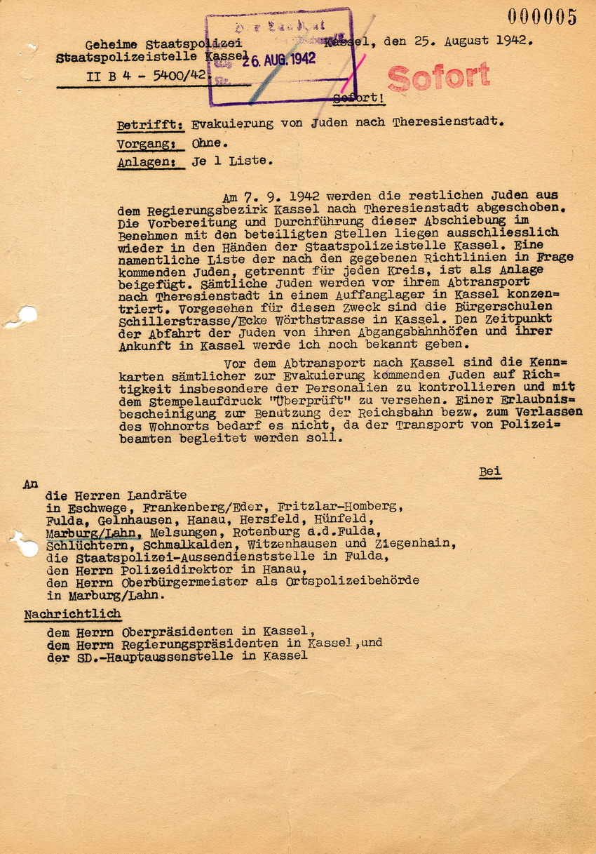 Rundverfügung der Gestapo, Staatspolizeistelle Kassel,  betreffend Vorbereitung und Durchführung der letzten Deportation nach Theresienstadt  vom 5.-7. 9.1942, 25. August 1942