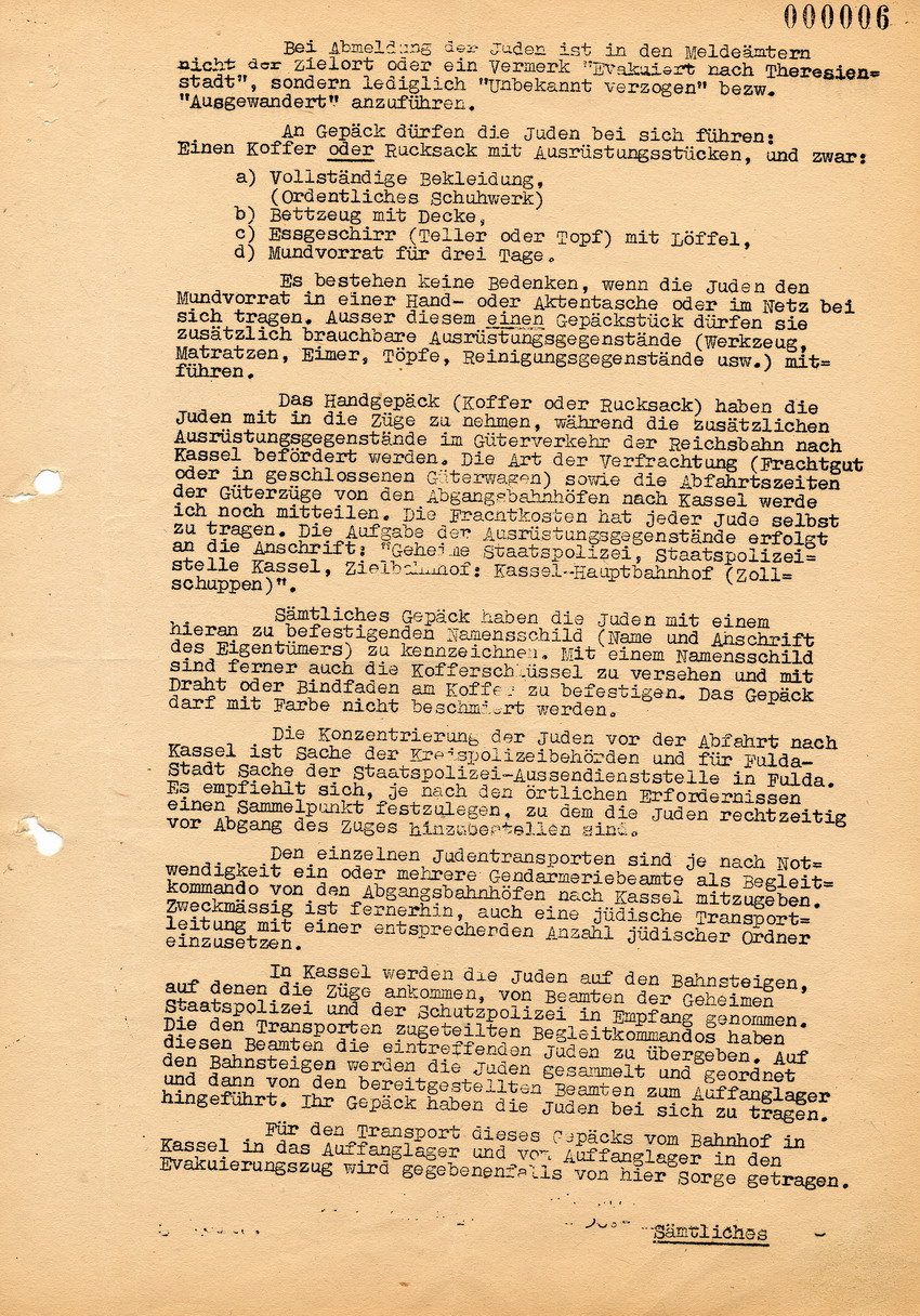 Rundverfügung der Gestapo, Staatspolizeistelle Kassel,  betreffend Vorbereitung und Durchführung der letzten Deportation nach Theresienstadt  vom 5.-7. 9.1942, 25. August 1942