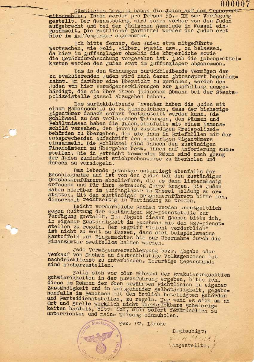 Rundverfügung der Gestapo, Staatspolizeistelle Kassel,  betreffend Vorbereitung und Durchführung der letzten Deportation nach Theresienstadt  vom 5.-7. 9.1942, 25. August 1942