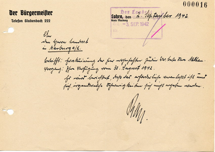 Antwortschreiben des Bürgermeisters von Lohra an den Landrat in Marburg betreffend Deportation von Bertha Nathan, 2. September 1942.