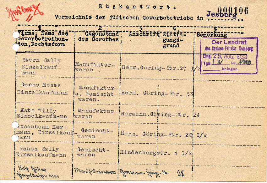 Schreiben des Bürgermeisters in Jesberg an den Landrat in Fritzlar. Verzeichnis der jüdischen Gewerbebetriebe in Jesberg, 25. August 1938