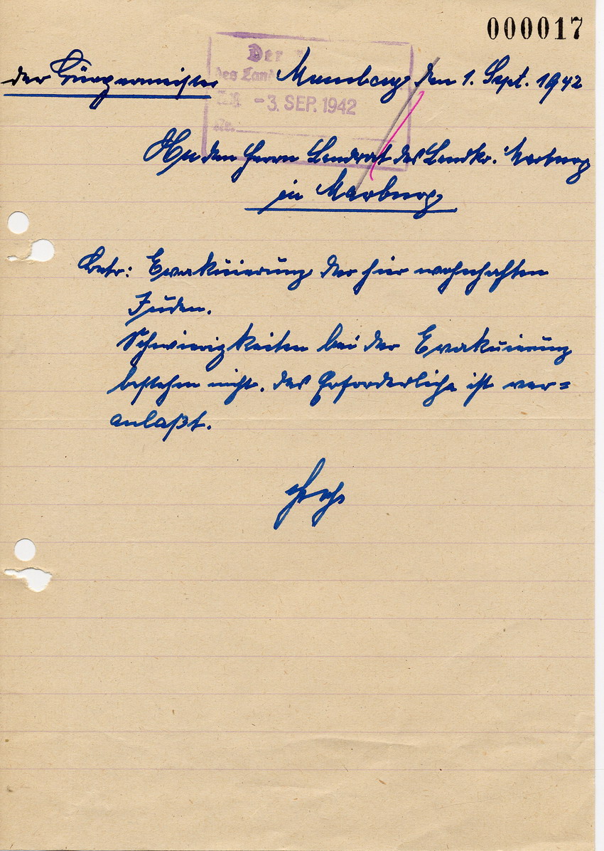Antwortschreiben des Bürgermeisters von Momberg an den Landrat in Marburg betreffend erforderliche Maßnahmen für die Deportation, 1. September 1942.