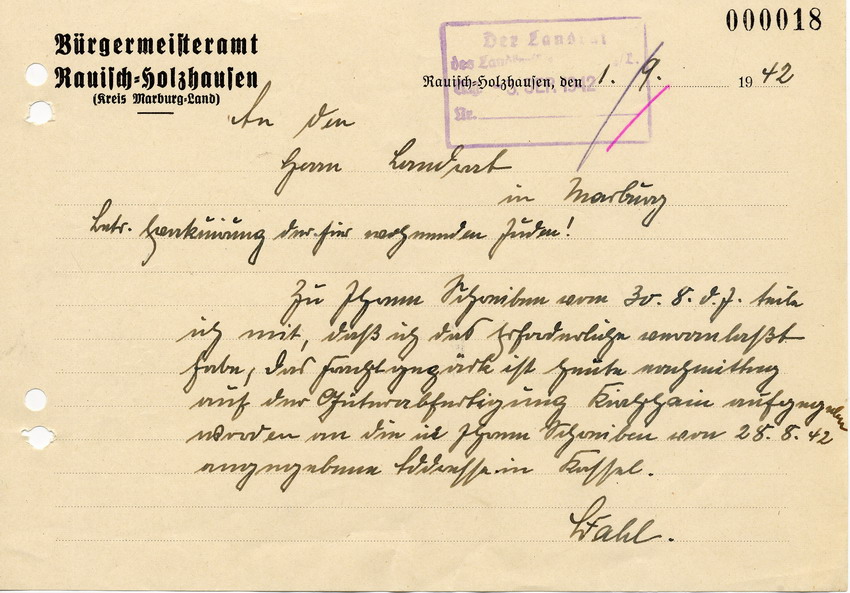 Antwortschreiben des Bürgermeisters von Rauischholzhausen an den Landrat in Marburg betreffend erforderliche Maßnahmen für die Deportation, 1. September 1942.
