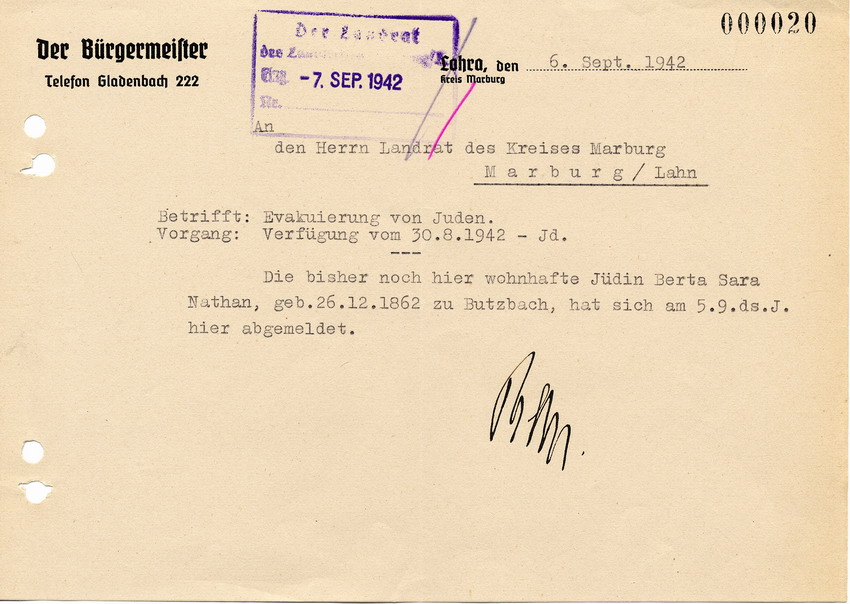 Antwortschreiben des Bürgermeisters von Lohra an den Landrat in Marburg betreffend "Abmeldung" von Berta Nathan, 6. September 1942.