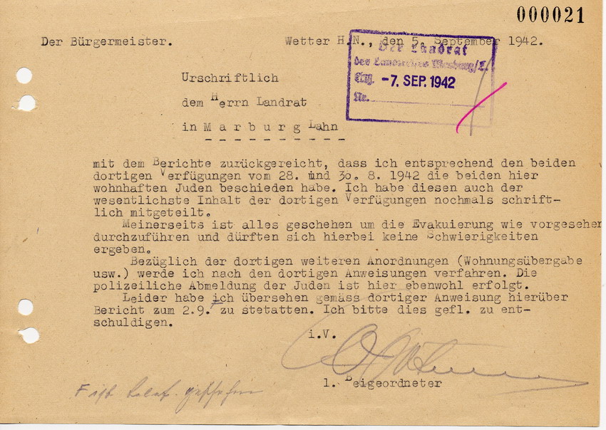 Antwortschreiben des Bürgermeisters von Wetter an den Landrat in Marburg betreffend erforderliche Maßnahmen für die Deportation, 5. September 1942.