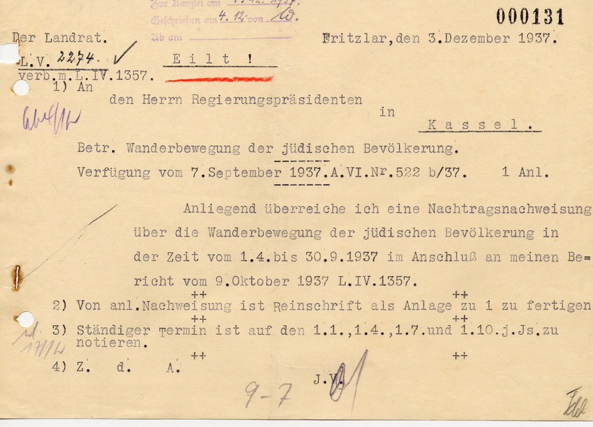 Schreiben des Landrats in Fritzlar an den Regierungspräsidenten in Kassel. Erhebungen über "Wanderbewegungen" der jüdischen Bevölkerung, 3. Dezember 1937