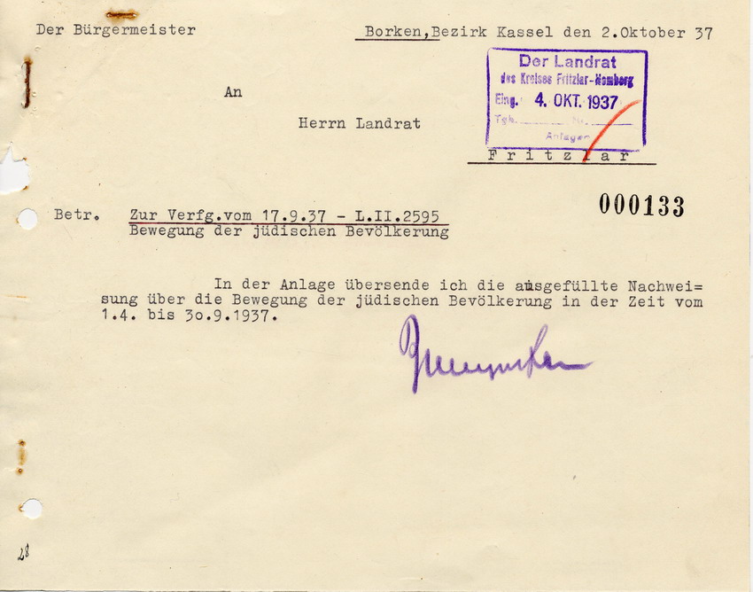 Schreiben des Bürgermeisters in Borken an den Landrat in Fritzlar. Erhebungen über "Wanderbewegungen" der jüdischen Bevölkerung, 2. Oktober 1937