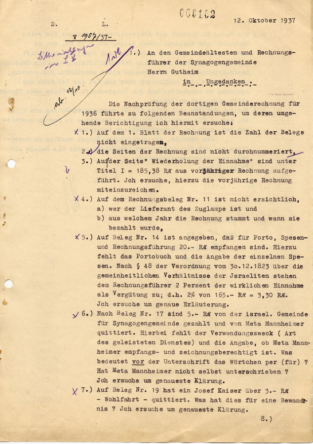Schreiben des Landrats in Fritzlar an den Gemeindeältesten und Rechungsführer der Synagogengemeinde Herrn Gutheim in Ungedanken. Nachprüfung der Gemeinderechnung, 12. Oktober 1937