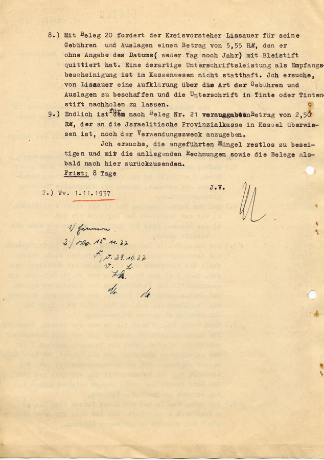 Schreiben des Landrats in Fritzlar an den Gemeindeältesten und Rechungsführer der Synagogengemeinde Herrn Gutheim in Ungedanken. Nachprüfung der Gemeinderechnung, 12. Oktober 1937