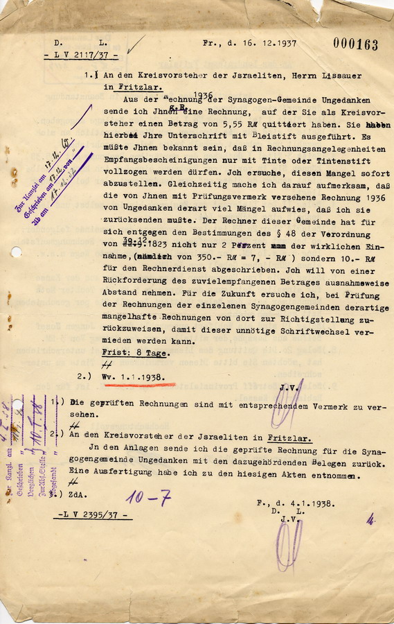 Schreiben des Landrats in Fritzlar an den Kreisvorsteher der Israeliten Lissauer in Fritzlar. Nachprüfung der Gemeinderechnung, 16. Oktober 1937