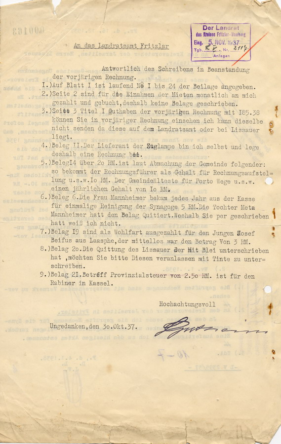 Schreiben des Landrats in Fritzlar an den Kreisvorsteher der Israeliten Lissauer in Fritzlar. Nachprüfung der Gemeinderechnung, 16. Oktober 1937