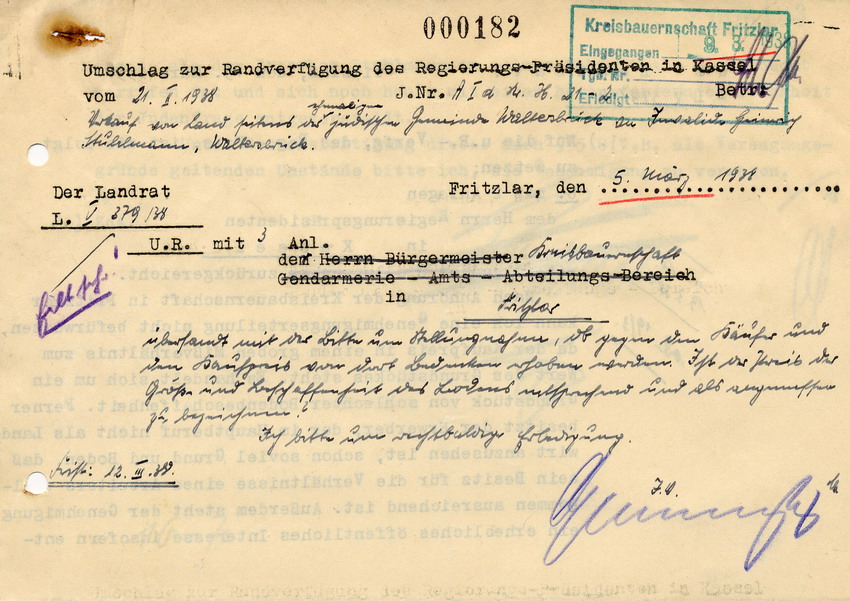 Schreiben des Landrats in Fritzlar an den Regierungspräsidenten in Kassel. Stuhlmann wird als Käufer abgelehnt, 19. März 1938