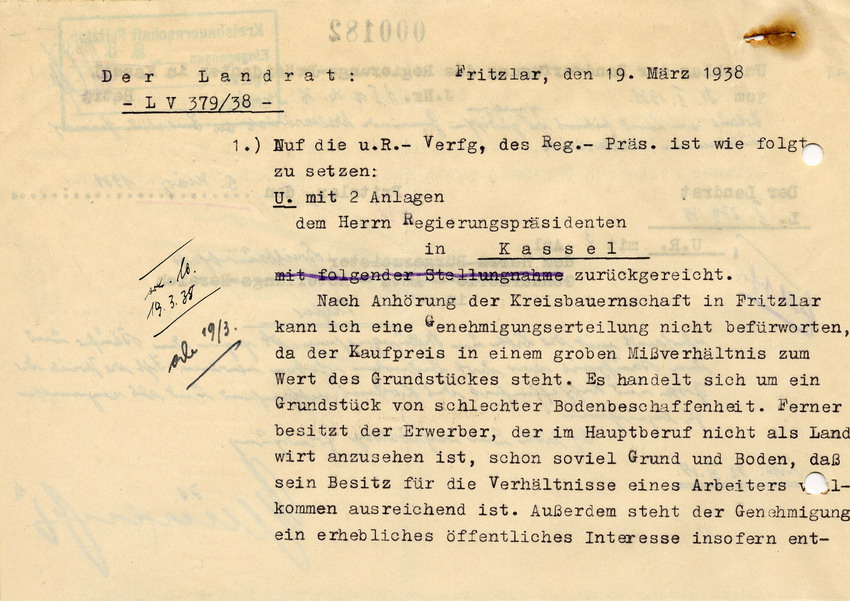 Schreiben des Landrats in Fritzlar an den Regierungspräsidenten in Kassel. Stuhlmann wird als Käufer abgelehnt, 19. März 1938