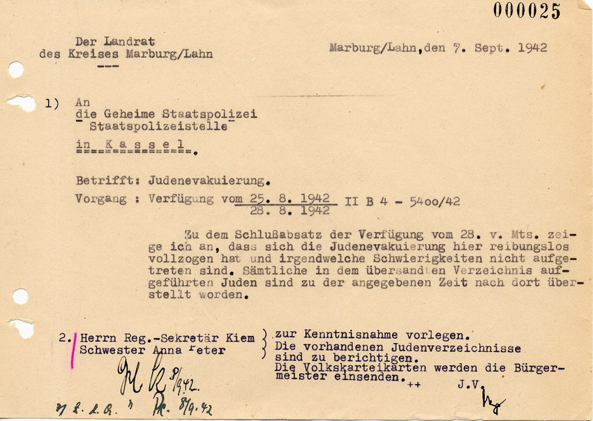 Antwortschreiben des Landrats in Marburg an die Staatspolizeistelle in Kassel betreffend erfolgte Deportation, 7. September 1942.