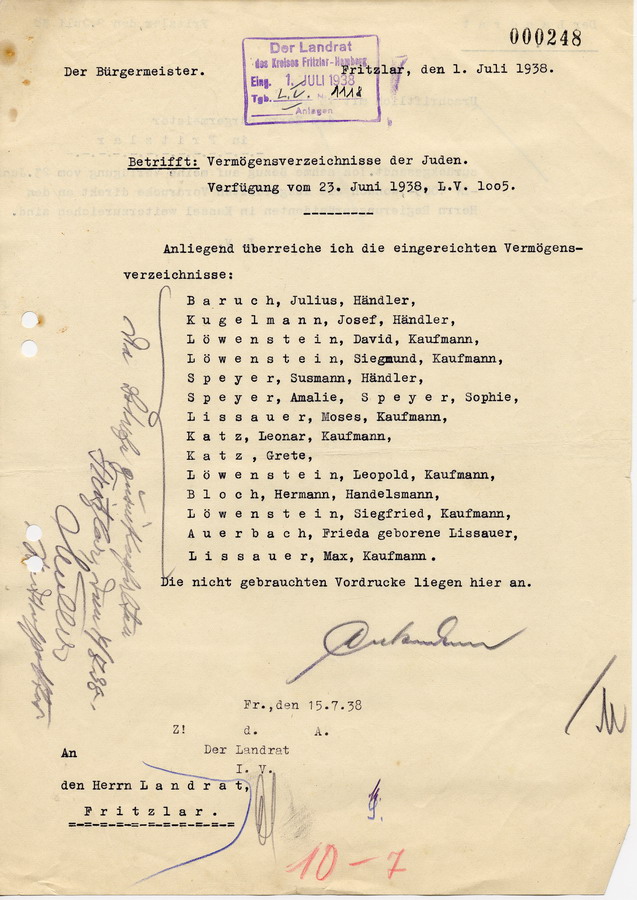 Schreiben des Bürgermeisters in Fritzlar an den Landrat in Fritzlar. Vermögensverzeichnisse jüdischer Bürger, 1. Juli 1938
