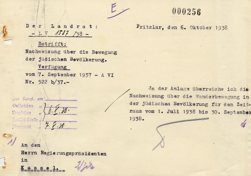 Schreiben des Landrats in Fritzlar an den Regierungspräsidenten in Kassel. "Wanderungsbewegungen" der jüdischen Bevölkerung, 6. Oktober 1938