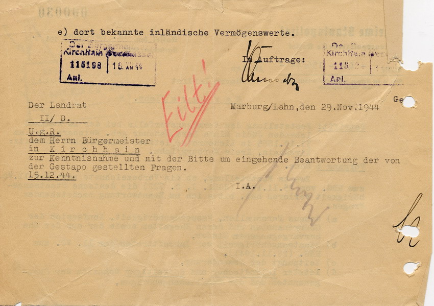 Schreiben der Staatspolizeistelle Kassel an den Landrat in Marburg betreffend Prüfung der Staatsangehörigkeit von Minna Hanauer, 11. November 1944.