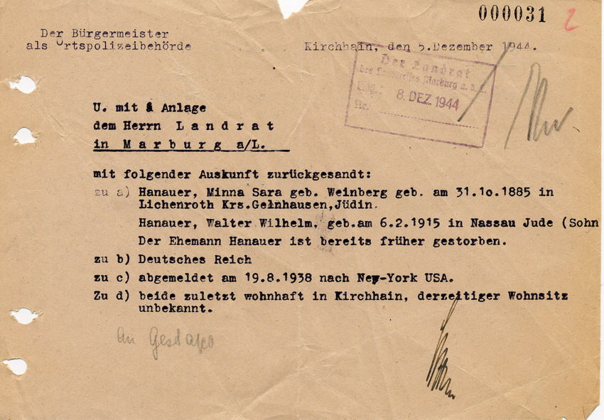 Antwortschreiben des Kirchhainer Bürgermeisters an den Landrat in Marburg betreffend Beantwortung der Fragen zu Minna Hanauer, 5. Dezember 1944.