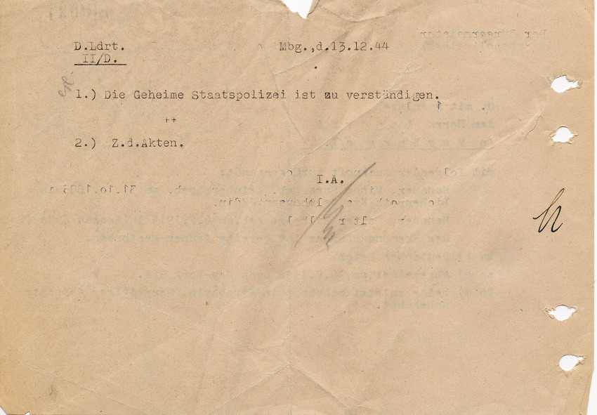 Antwortschreiben des Kirchhainer Bürgermeisters an den Landrat in Marburg betreffend Beantwortung der Fragen zu Minna Hanauer, 5. Dezember 1944.