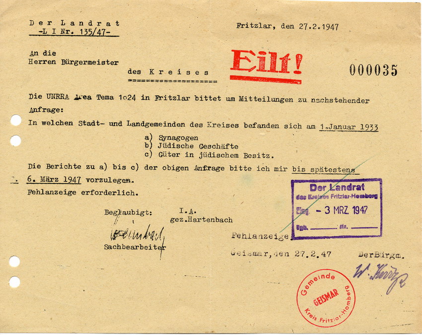 Eilendes Schreiben des Landrats in Fritzlar an die Bürgermeister. Unrra Area Team 1024 in Fritzlar bittet um Informationen über jüd. Bevölkerung ab 1933, 27. Februar 1947