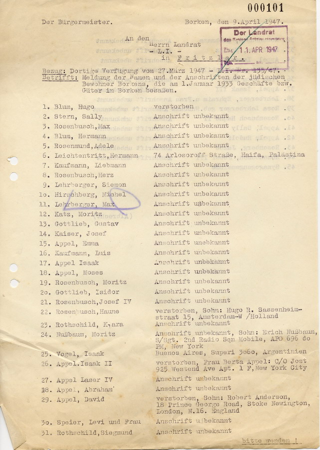 Schreiben des Bürgermeisters in Borken an den Landrat in Fritzlar. Liste der jüdischen Geschäfte und Bewohner Borkens vor 1933, 9. April 1947