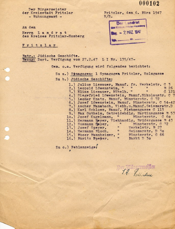Schreiben des Bürgermeisters in Fritzlar an den Landrat in Fritzlar. Liste der jüdischen Geschäfte und Bewohner vor 1933, 6. März 1947
