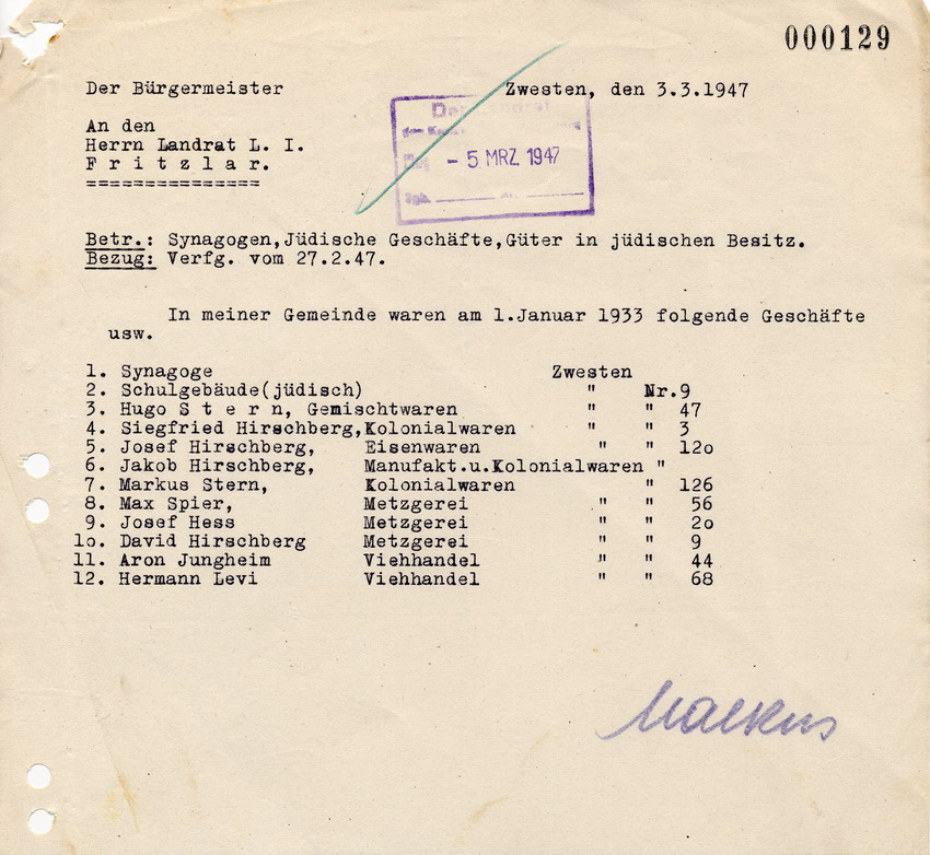 Schreiben des Bürgermeisters in Zwesten an den Landrat in Fritzlar. Liste der jüdischen Geschäfte und Bewohner vor 1933, 3. März 1947